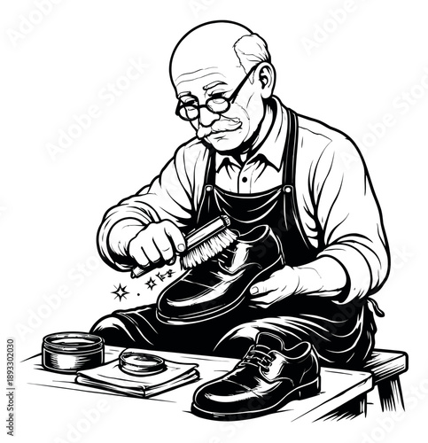 Hand drawn line art illustration of a shoemaker depicting polishing a shoe for traditional craftsmanship