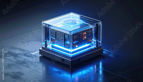 Transparent cube containing glowing blue circuitry, representing data storage and digital information.