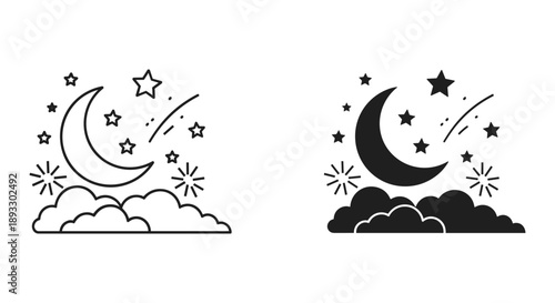 Night Sky Silhouettes with Moon and Stars