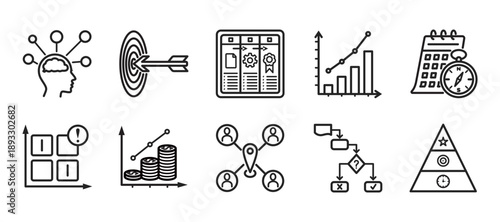 Planning and Strategy of Project Management Vector Icon Set - Minimalis outline style contain Mind map,
Strategic arrows,
KPI dashboard,
Forecast chart,
Planning compass,
Risk matrix,
Budget chart