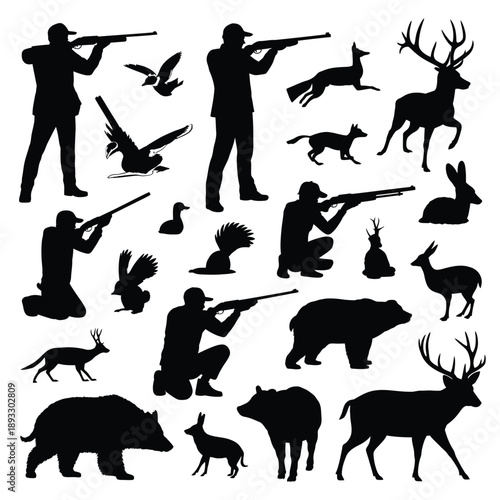 Silhouette collection of hunters prey animals and wildlife scenes