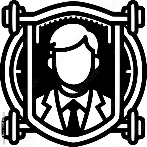 Strength Emblem: A bold emblem symbolizing strength and focus. This design features a silhouette inside a shield, framed by weightlifting elements, representing power.