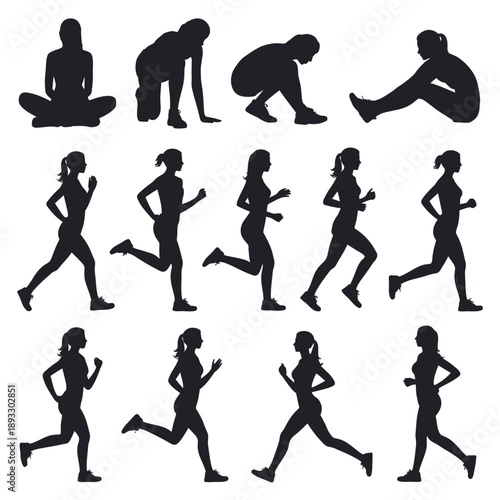 Collection of black silhouettes depicting various human poses and activities