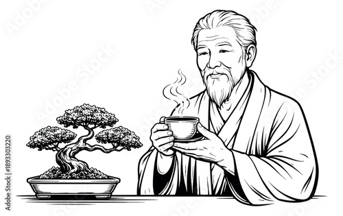 Line art illustration of a wise asian elder depicting him drinking tea with a bonsai tree for themes of wisdom and tranquility