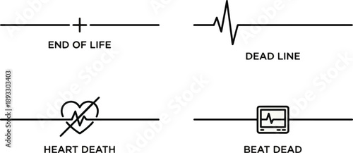 2026 Comprehensive Minimalist Vector Icon Collection Featuring Diverse Medical Heartrate Pulses, Audio Wave Amplitudes, Healthcare Logos, and Continuous "End of Life" Flatline Symbols for Modern Digit