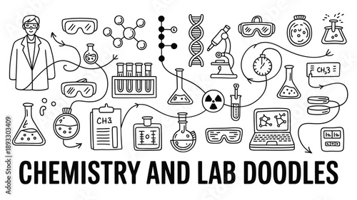 Chemistry and laboratory equipment doodle illustration with scientist and molecules