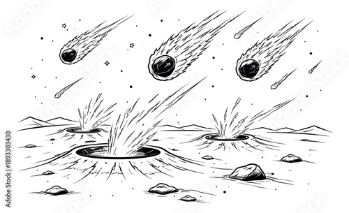 Hand drawn line art illustration of meteors depicting impact on a planetary surface for science fiction design