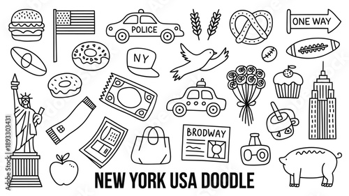 New york city themed doodle set including landmarks food and symbols