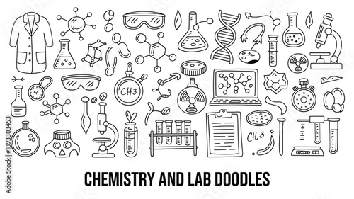 A collection of hand drawn chemistry and laboratory equipment doodles