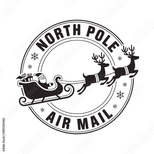 North pole air mail stamp with santa reindeer and sleigh