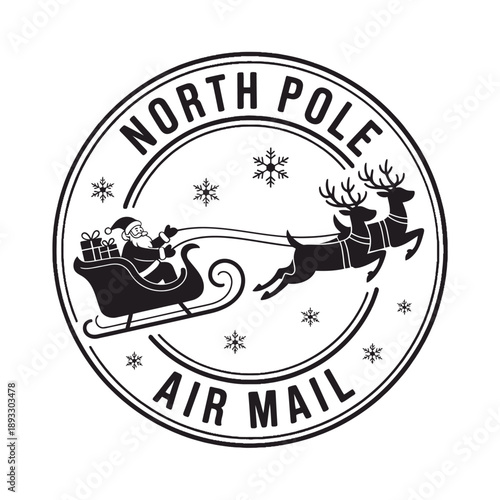 Vintage style north pole air mail postage stamp with santa and reindeer