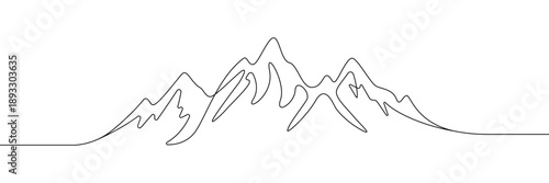 Continuous one line drawing of mountain range peaks minimalist nature landscape silhouette outline art vector illustration. Editable stroke