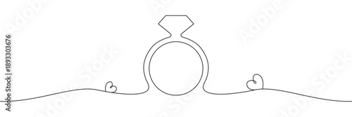 Continuous one line drawing of diamond engagement ring with small hearts for wedding proposal concept. Editable stroke. Doodle hand drawn vector illustration