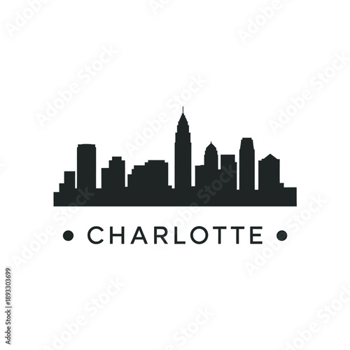 A silhouetted skyline of charlotte north carolina with city name text