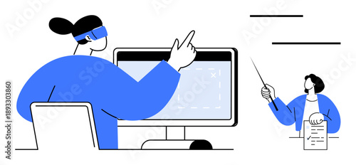 Professionals engaged in VR training setup with monitor, headsets, document, and gestures. Ideal for education, innovation, teamwork, digital learning, job training virtual interaction technology