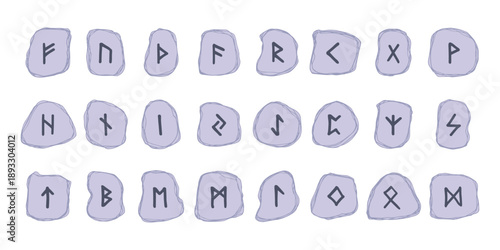 Set of hand drawn viking runes Rune stones with ancient norse alphabet characters engraved on them Scandinavian futhark germanic celtic Single element for design, print, web, decor