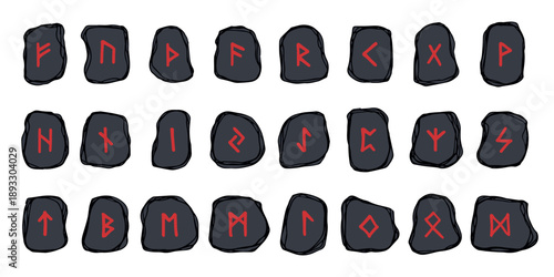 Set of hand drawn viking runes Rune stones with ancient norse alphabet characters engraved on them Scandinavian futhark germanic celtic Single element for design, print, web, decor