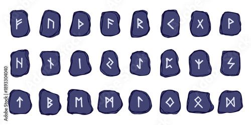Set of hand drawn viking runes Rune stones with ancient norse alphabet characters engraved on them Scandinavian futhark germanic celtic Single element for design, print, web, decor
