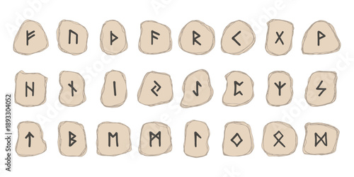 Set of hand drawn viking runes Rune stones with ancient norse alphabet characters engraved on them Scandinavian futhark germanic celtic Single element for design, print, web, decor