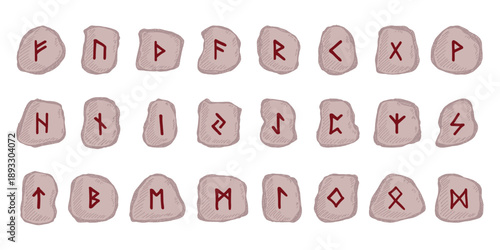 Set of hand drawn viking runes Rune stones with ancient norse alphabet characters engraved on them Scandinavian futhark germanic celtic Single element for design, print, web, decor
