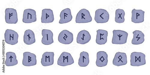 Set of hand drawn viking runes Rune stones with ancient norse alphabet characters engraved on them Scandinavian futhark germanic celtic Single element for design, print, web, decor