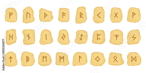 Set of hand drawn viking runes Rune stones with ancient norse alphabet characters engraved on them Scandinavian futhark germanic celtic Single element for design, print, web, decor