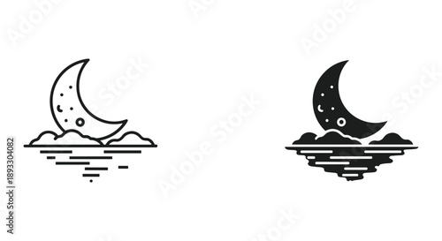 Crescent Moon Over Waves Silhouette