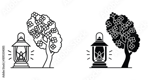 Two Lanterns Beside Trees in Silhouette