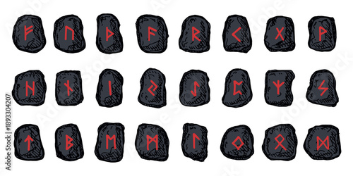 Set of hand drawn viking runes Rune stones with ancient norse alphabet characters engraved on them Scandinavian futhark germanic celtic Single element for design, print, web, decor