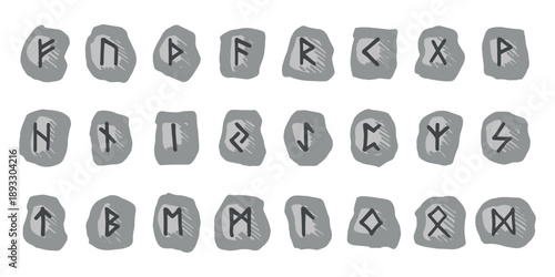 Set of hand drawn viking runes Rune stones with ancient norse alphabet characters engraved on them Scandinavian futhark germanic celtic Single element for design, print, web, decor