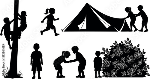 Silhouette Set of Kids Playing, Camping, Climbing Trees, and Pitching a Tent Outdoors in Nature