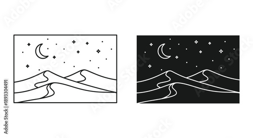 Nighttime Mountain Landscape with Moon and Stars