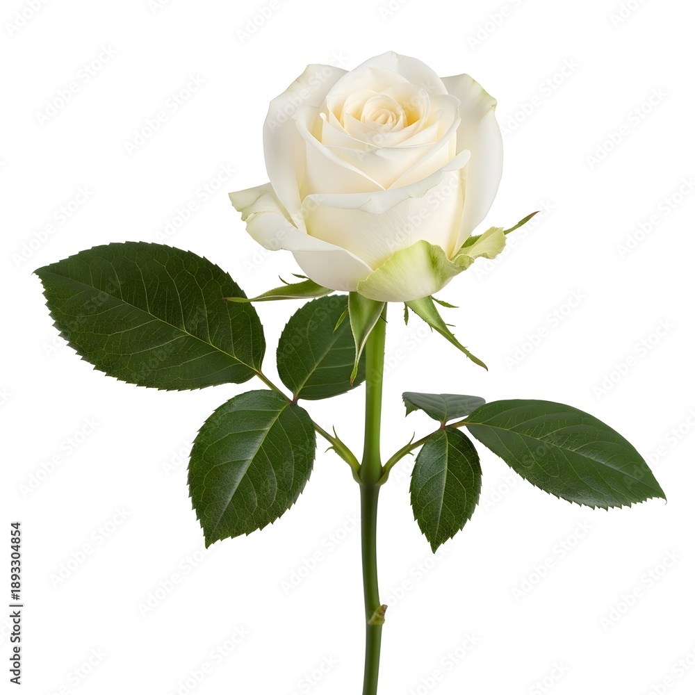 Fototapeta premium Single white rose with green leaves