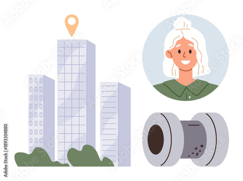 Urban infrastructure, navigation, sewage system, identification, city planning, modern technology. High-rise buildings, a map pin a sewer pipe and a womans face. Urban infrastructure and navigation