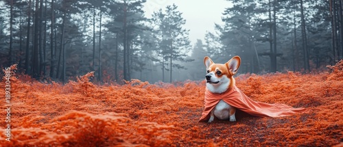 Adventurous Corgi in a Vibrant Landscape with a Heroic Cape Inspiring Imagination in a Misty Forest Setting