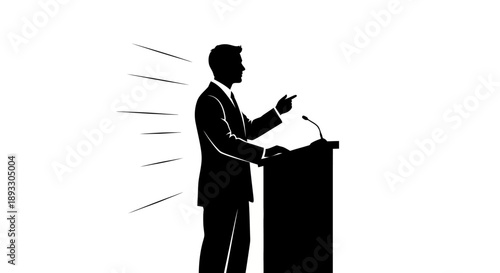 Silhouette of a businessman speaking at a podium during a presentation.