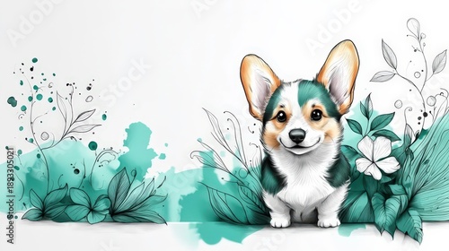 Playful and Colorful Doodles Featuring a Corgi Puppy Surrounded by Vibrant Floral Elements and Artistic Designs