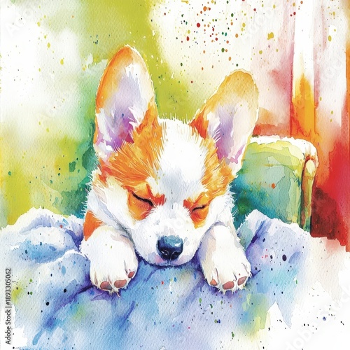 High Quality Watercolor Painting of a Relaxed Pembroke Welsh Corgi with a Colorful Art Background