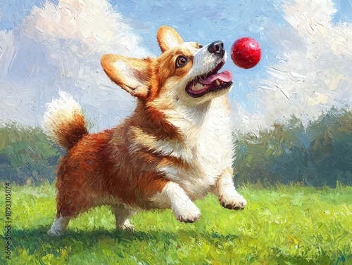 High Quality Oil Painting of Cardigan Welsh Corgi Playing with Red Ball in Lush Green Field Under Bright Blue Sky