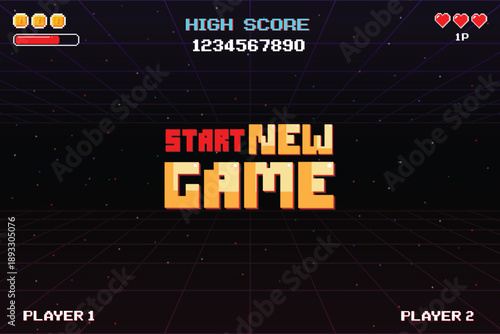 START NEW GAME. pixel art 8 bit for game assets in vector illustrations.