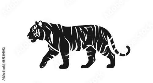 Silhouette of a majestic tiger walking with its tail curled.