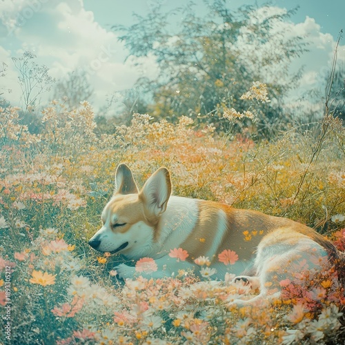 Dreamy Double Exposure Art of a Corgi Surrounded by Colorful Wildflowers Under a Bright Sky