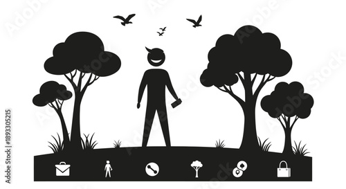 Silhouette of a happy person standing in a park with trees and birds.