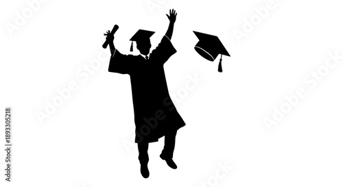 Silhouette of a graduating student celebrating with a diploma and cap toss.