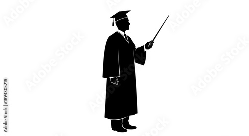 Silhouette of a graduate wearing a cap and gown holding a pointer stick.
