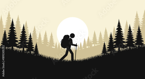 Silhouette of a hiker walking through a forest at sunset.