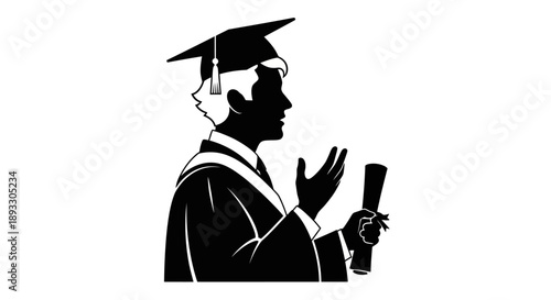 Silhouette of a graduate in cap and gown holding a diploma.