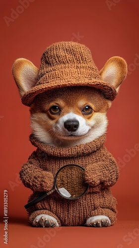 Adorable Corgi Dog in Cozy Knit Outfit with Hat and Magnifying Glass, Ready for Adventure and Exploration, Playful and Whimsical
