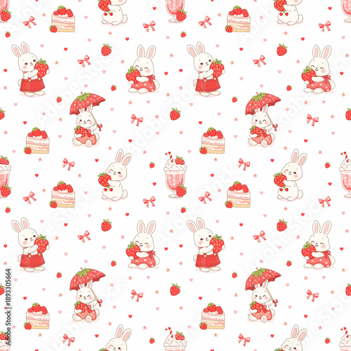 This sweet and cheerful cartoon rabbit pattern in a main color scheme of red, pink, and white evokes a cute, warm, and romantic strawberry feel. It's perfect for fabric, wallpaper, gift wrapping pape