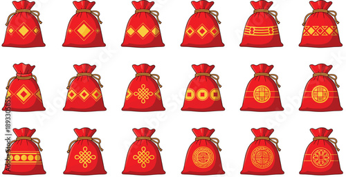Set of traditional Chinese New Year red lucky gift bags with golden patterns and ornaments isolated on grey background for festive design